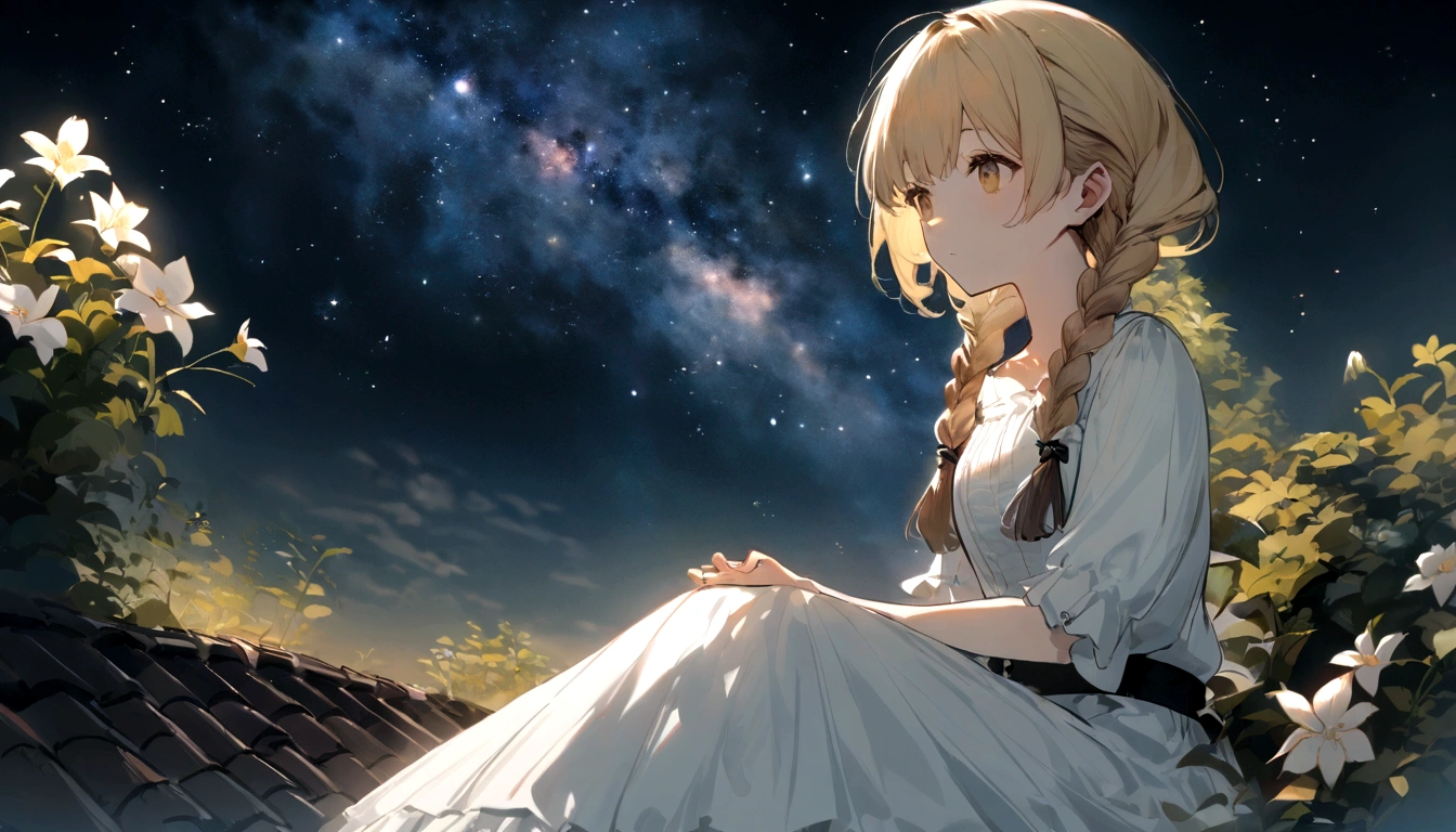 A blonde girl with two braids with black ribbons braided in them and a white dress sits on the roof, A tall brunette in black sits next to her, Admiring the stars, starry sky, Pay attention to the texture of the skin and flowers，Sony FE 12-24mm F/2.8 gm，Impressionist garden，Proficient in calligraphy，eco-friendly craftsmanship，Brush stroke exploration