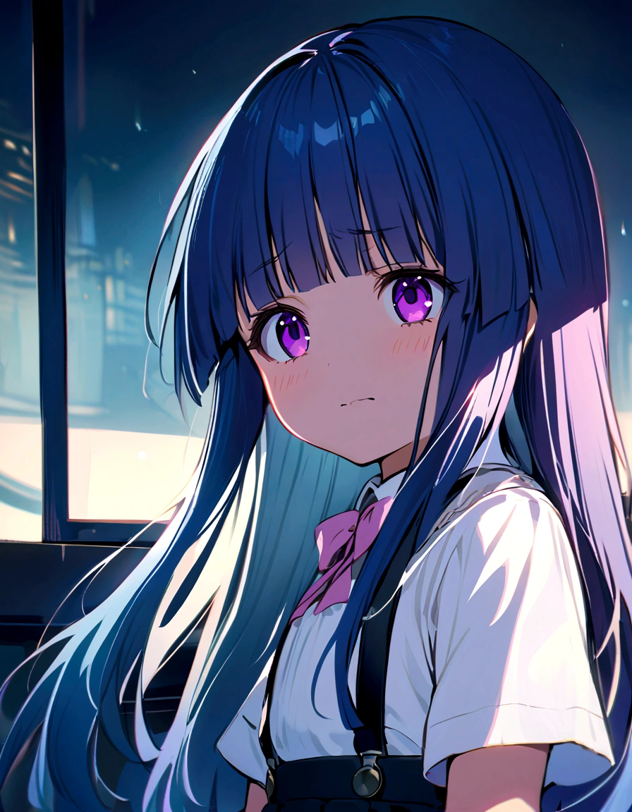 disgusted look, Little, One girl, (furude rika), blue hair, purple eyes, long hair, blunt bangs, bangs, white shirt, pink bow, suspenders, black skir,