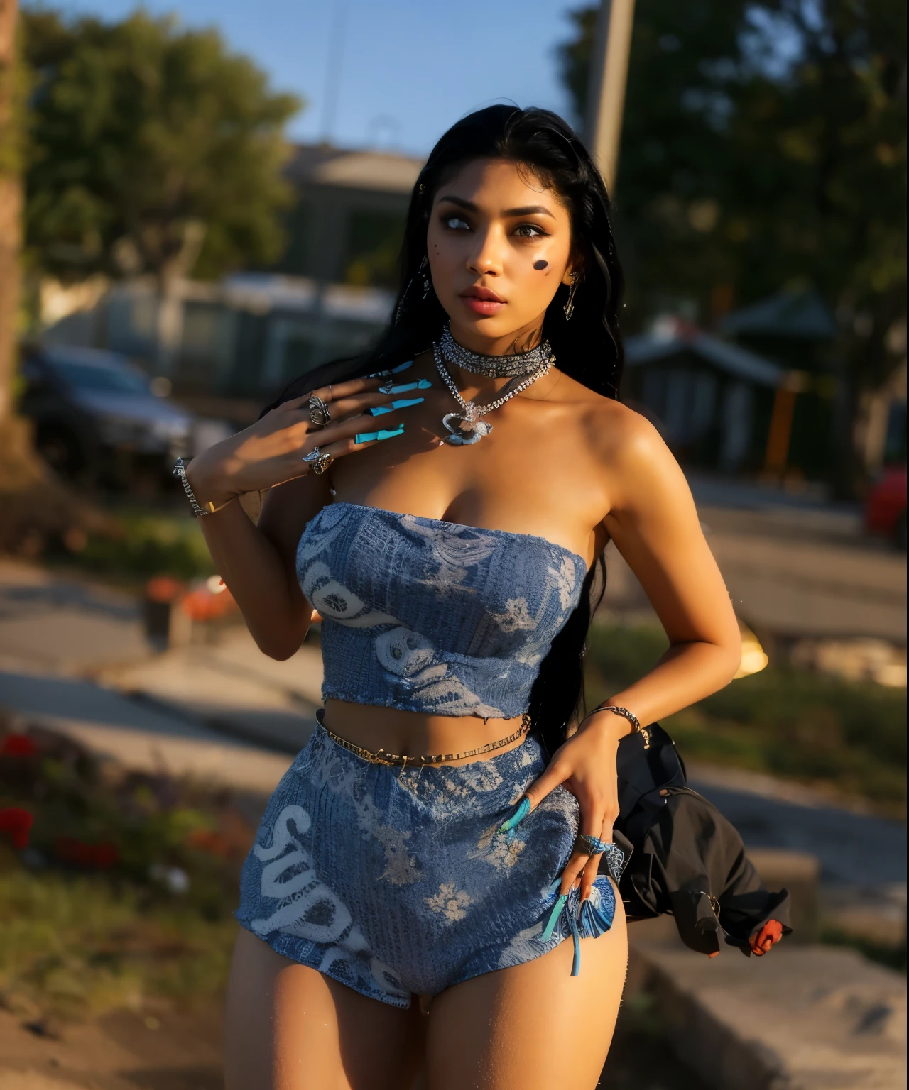 light skin lady with black hair with face tattoo wearing blue supreme top and bottom wearing jewelry and long blue nails