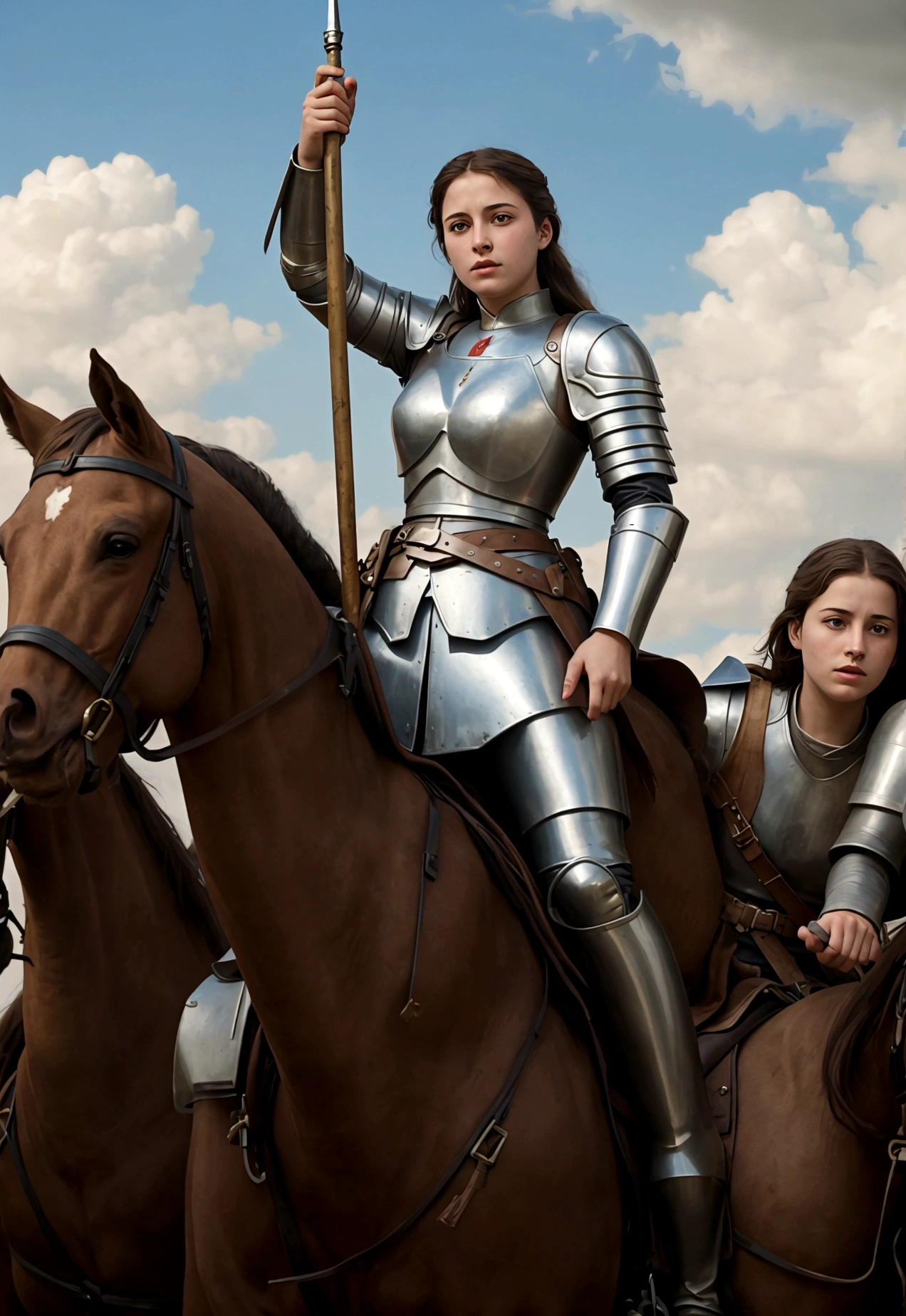 Create an image depicting young Joan of Arc leading the French army. Capture her courage and determination.