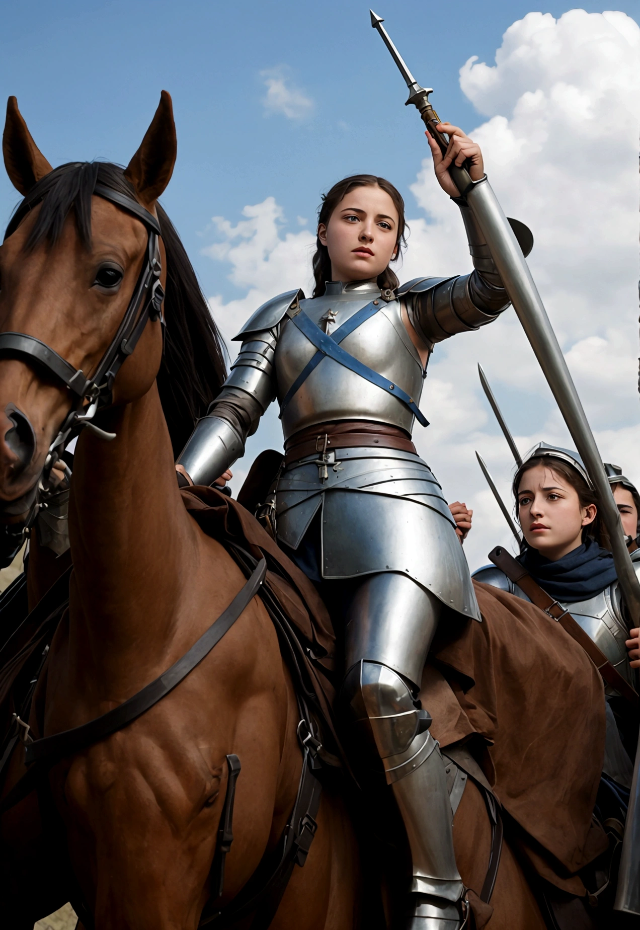 Create an image depicting young Joan of Arc leading the French army. Capture her courage and determination.