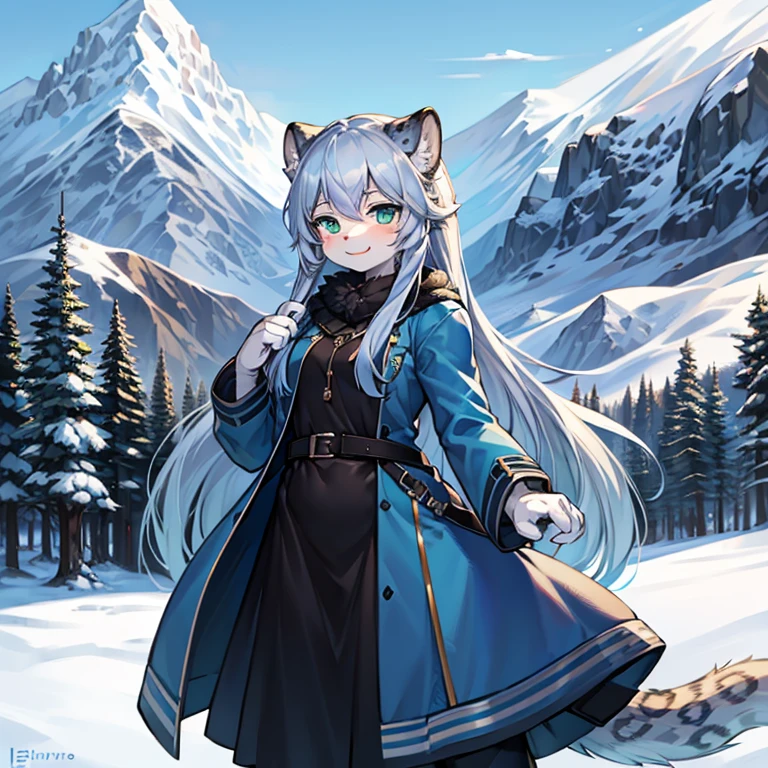 Best quality, 1anthro Snow leopard girl, wears blue coat and black farmer, has grey long hair, has green eyes, best eyes, happy expression, standing in the snow, mountain background