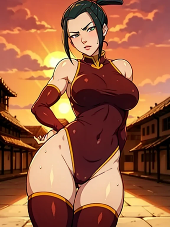 Beautiful, Masterpiece, Best Quality, extremely detailed face, perfect lighting, Cowboy shot, 1girl, Azula, the perfect body, taut clothes, seductive, pomade, makeup, looking a viewer, wide thighs, Very detailed Beautiful face and eyes, Beautiful skin, Wet, blushful, Sun light, Average Breasts, Athletic hips, trembling, heavy breathing, view from bottom, focus on legs,