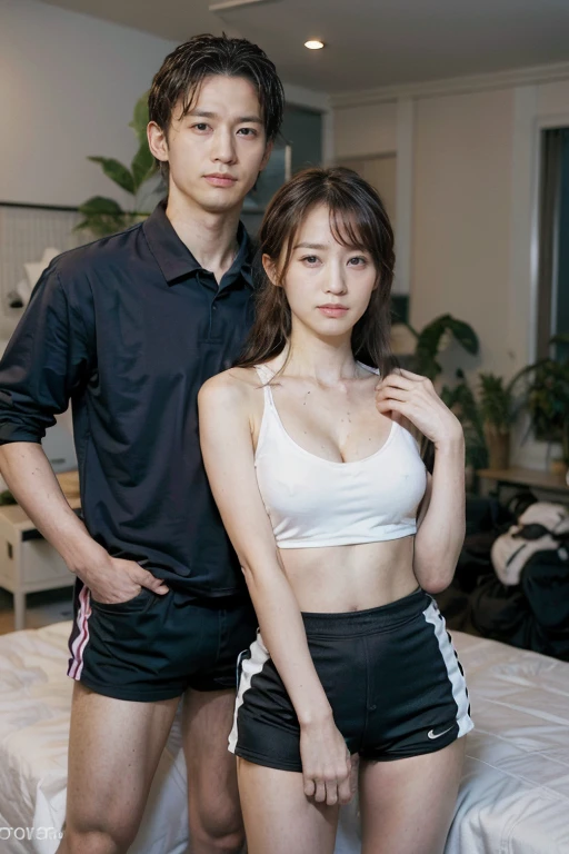 Night,Tense atmosphere,A boy and a girl standing together,In the bedroom,Long-range shooting,(Original Photography:1.3),athlete,1 Girl, Perfect body, Beautiful face,Very detailed details of the face,Messy black hair, Smart eyes,Sweating,Cleavage,Sexy bulge,Track and field wear, sports Shorts,Long legs,sports shoes,Soaked,Standing,