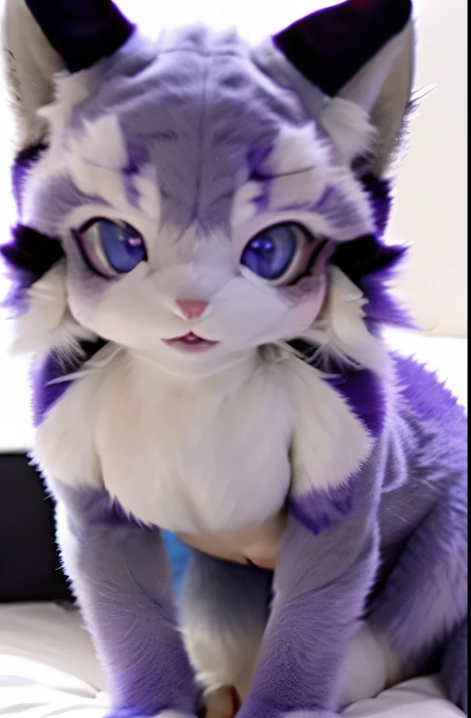 [kemono], (((closeup))), ((large boobs)), {female anthro kemono; (fur), furry, ((gorgeous hips)), ((detailed fur)), ((detailed shading)), curvy body, ((HD)), ((furry art)), ((front view)), ((beautiful legs)), ((masterpiece)), ((portrait)), ((sitting on viewer)), visible snout, sexy face, big eyes, suggestive, handjob pov, butt on bed, (light blue eyes), ((purple, grey and white fur)), multiple persons, 1female, (hands on body), sexy furry, (laying on bed), aurora fursuiter