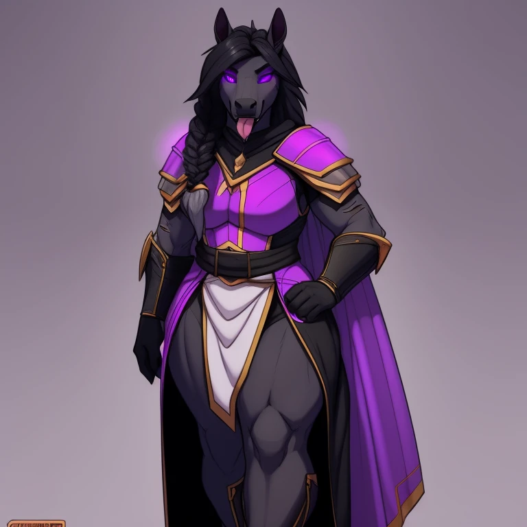 Athletic_horse female black_mane long_single_braid dark_gray_furry_body, big , hypnotized with glowing purple eyes, tongue out, scarred_body heavy_plate_armor surcoat tabard solo Masterpiece best_quality absurdres highly_detailed cleanly_drawn_eyes anthro_only by_claweddrip, by_greasymojo, by_underscore-b, by_runawaystride, walking in four paws