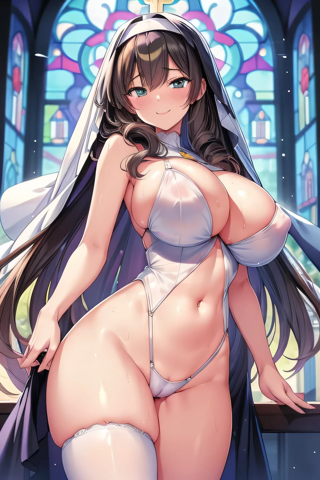 Erotic manga、highest quality、A sense of guilt、The chapel late at night with the moonlight shining in、Stained glass、Sex-appealing busty nun、Seductive smile、Perfect proportions、Fatty legs、Clear eyes、Spread your legs、Perfect pussy、Exposing pussy、Cowboy Shot、Sweaty