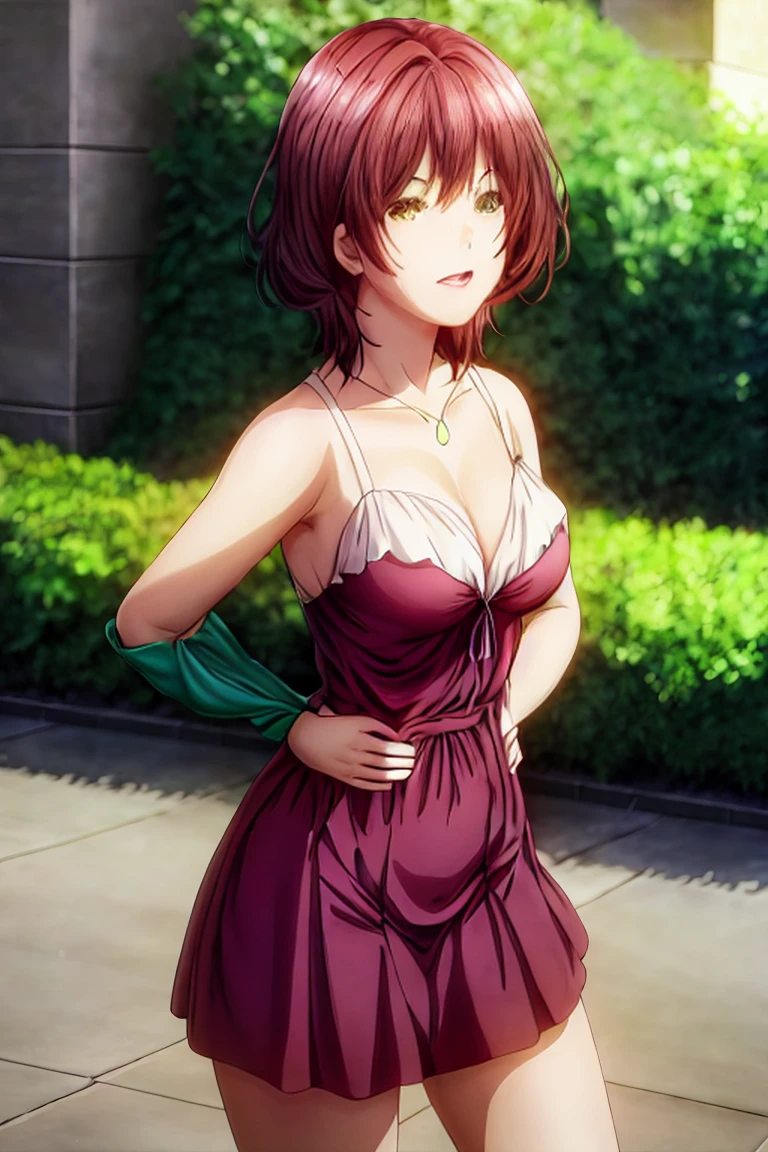 Close-up shot of Aoi Hinami's radiant smile as she playfully tousles her short hair behind her ear. Soft, warm lighting illuminates her features, accentuating her toned physique and bare shoulder. The knee-length skirt's subtle elegance is highlighted against a blurred park background that seamlessly blends into the scene. Her confident pose exudes happiness and confidence, captured in an anime-inspired work dress, from the viewer's perspective.