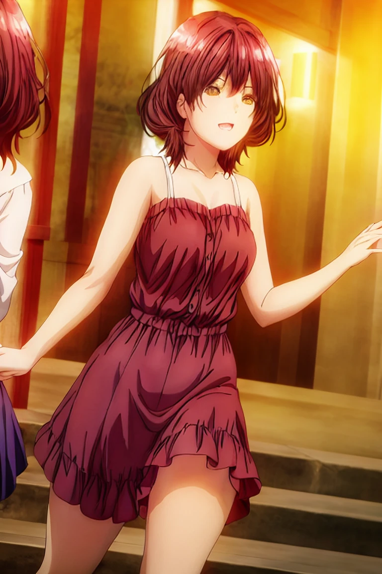 Close-up shot of Aoi Hinami's radiant smile as she playfully tousles her short hair behind her ear. Soft, warm lighting illuminates her features, accentuating her toned physique and bare shoulder. The knee-length skirt's subtle elegance is highlighted against a blurred park background that seamlessly blends into the scene. Her confident pose exudes happiness and confidence, captured in an anime-inspired work dress, from the viewer's perspective.