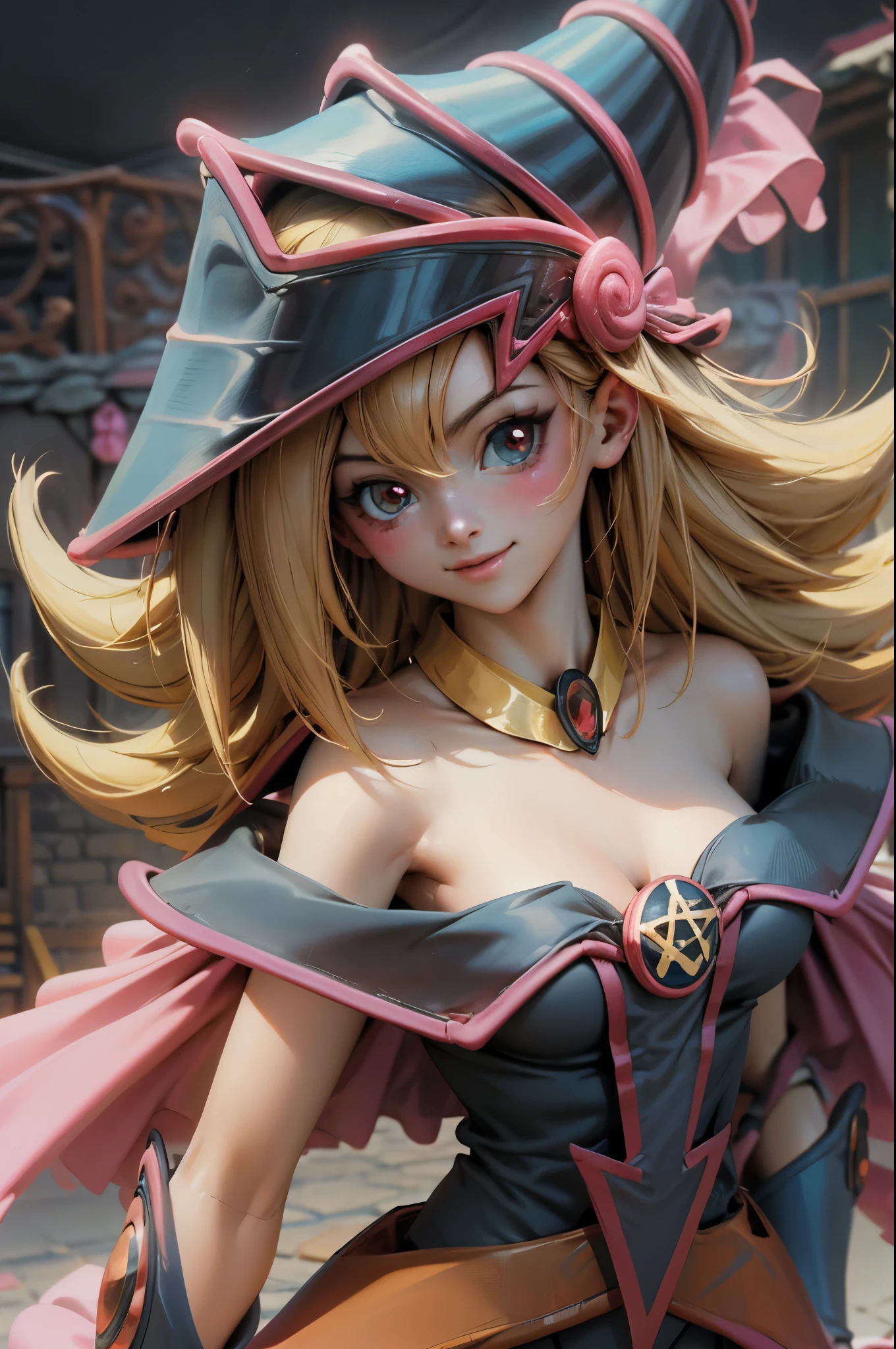 Crea el hermoso rostro de dark magician gils. Ojos azules. Labios rosados. Tes blanca. Cabello rubio. girl smile. Hombros destapados. Collar en el cuello. Rostro de gils mago oscuro . en bikini 