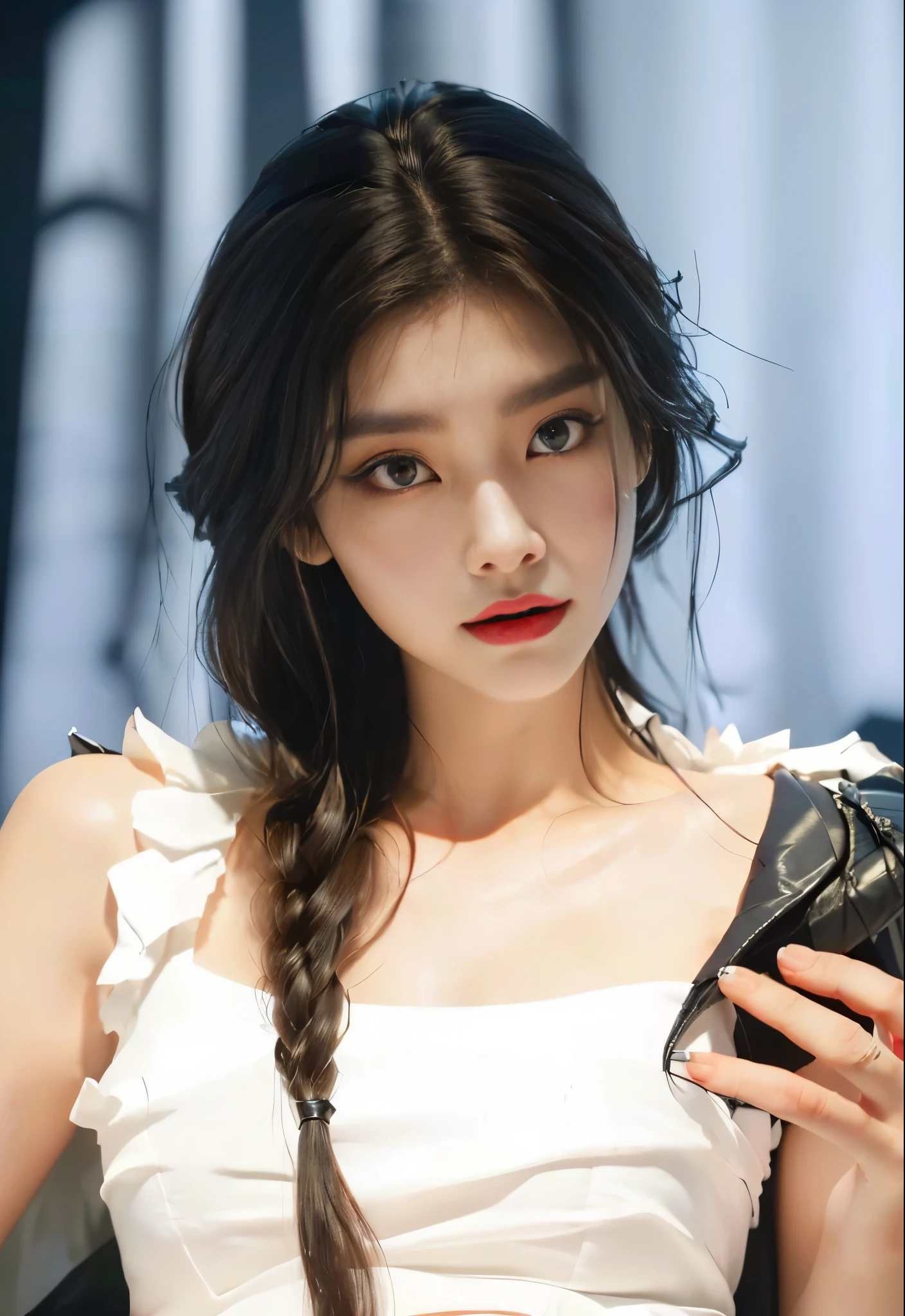 (High resolution,Practical) Long hair girl,skirt, Beautiful demon woman from hell, (in the darkness: 1.6), Very rich facial details，Red-black lips, Shoulder devil tattoo，rugged, Moderate: Detailed facial features, Determine the expression, Dark background，The environment is mysterious and elegant, Model, High contrast required, Jewelry, earrings, miniskirt, shirt, Jacket, brown hair, 白shirt, A bracelet, blue Jacket, skirt, Beautiful demon woman from hell, (in the darkness: 1.6), Surrealist portraits of women by David Hockney and Alphonse Mucha, Fantasy Art, Korean Doll, Photorealism, Dynamic Lighting, Art Station, poster, Volumetric Lighting, Very rich facial details, 8K, in the darkness, Deep Shadows, low pitch, long hair, Black Hair, Luxurious Palace, Royal style, Demon Crown, The red eye makeup is very vivid and detailed, the most beautiful face, Normal breast