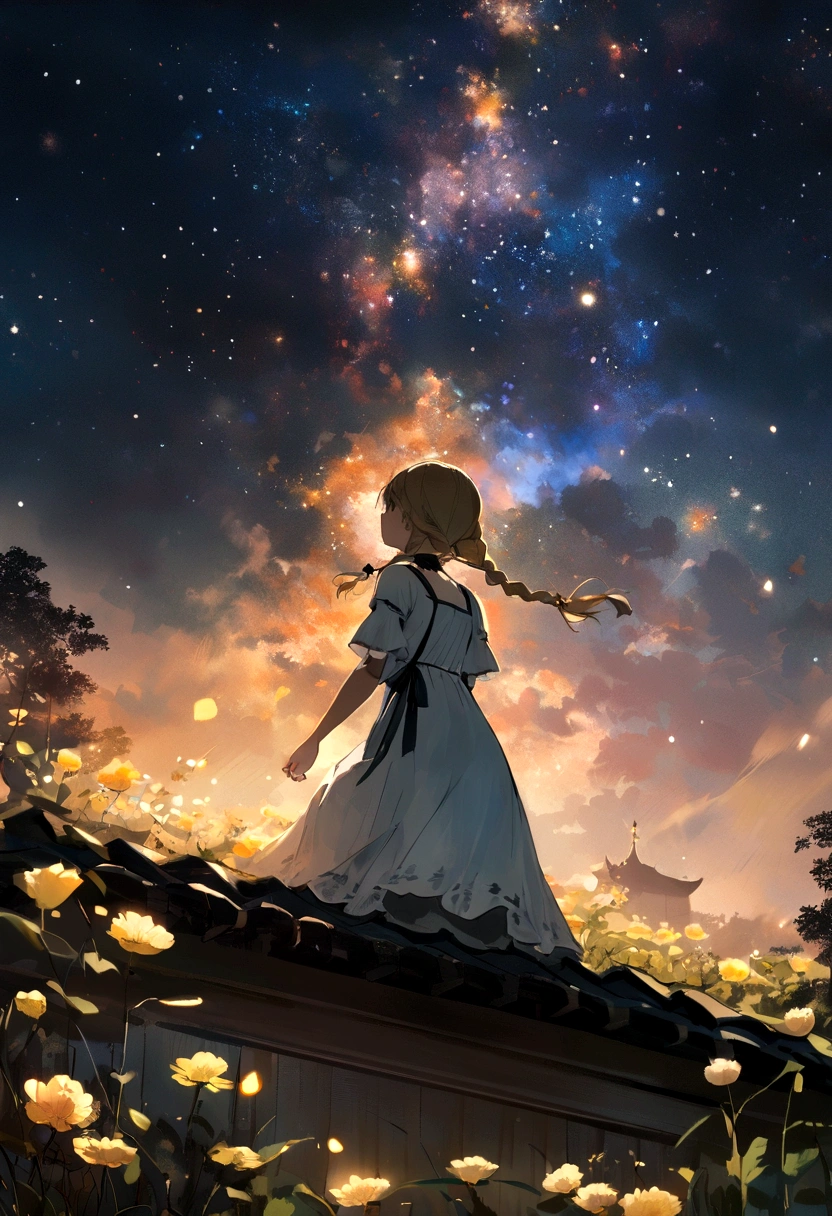 A blonde girl with two braids with black ribbons braided in them and a white dress sits on the roof, A tall brunette in black sits next to her at the roof, Admiring the stars, starry sky, Pay attention to the texture of the skin and flowers，Sony FE 12-24mm F/2.8 gm，Impressionist garden，Proficient in calligraphy，eco-friendly craftsmanship，Brush stroke exploration