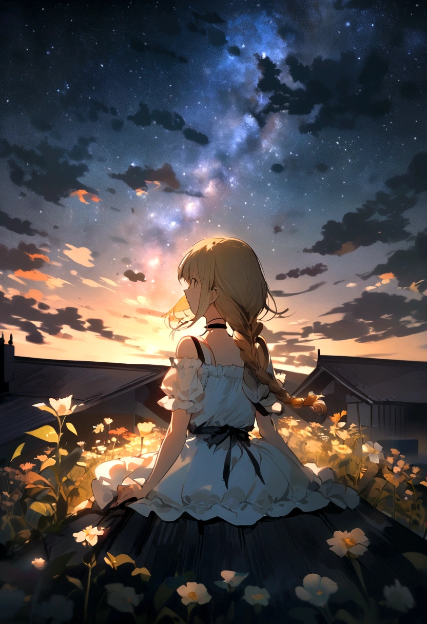A blonde girl with two braids with black ribbons braided in them and a white dress sits on the roof, A tall brunette in black sits next to her at the roof, Admiring the stars, starry sky, Pay attention to the texture of the skin and flowers，Sony FE 12-24mm F/2.8 gm，Impressionist garden，Proficient in calligraphy，eco-friendly craftsmanship，Brush stroke exploration