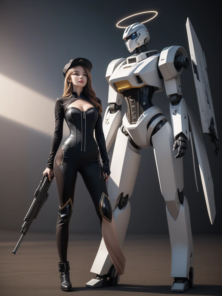 (best quality,high resolution,Practical:1.2),Extremely detailed,1 mature woman,strong posture,in the environment,Mecha Girl,Mecha parts,joint,Single Robotic Arm,hat,Mechanical Halo,Hello Star,Complex mechanical jumpsuit,Mecha Corset,fully armed,White mecha body