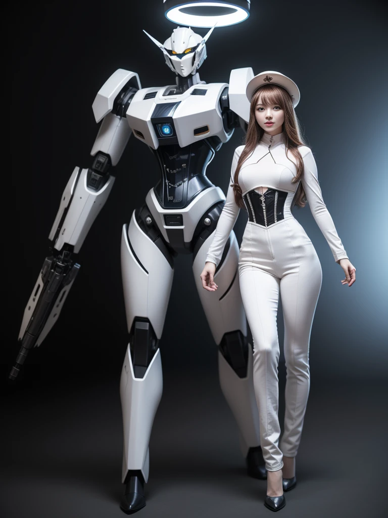 (best quality,high resolution,Practical:1.2),Extremely detailed,1 mature woman,strong posture,in the environment,Mecha Girl,Mecha parts,joint,Single Robotic Arm,hat,Mechanical Halo,Hello Star,Complex mechanical jumpsuit,Mecha Corset,fully armed,White mecha body