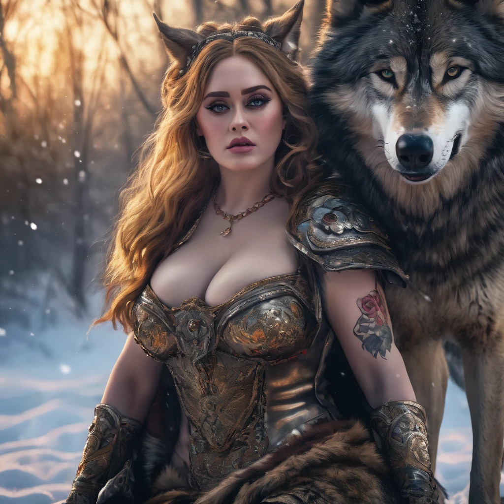 4k highly detailed realistic digital extremely high quality RAW photograph, a portrait photo of Adele that lived with wolves her whole life is now leading them to battle. torn clothes exposing (nude:1.4) body, armored pauldrons, fangs, curled horns, big breasts, ((snow and blood)), ((wolf tattoos)), epic, hyperrealistic, hyperrealism, 8k, cinematic lighting, greg rutkowski, wlop, (f1.8 short focus bokeh)
