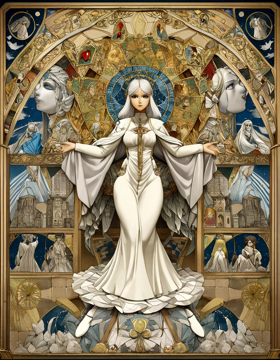 1 , mulher, 18 anos, alto, low water, cabelos pretos, Poderia, cabelo preto liso com franja, castanhos. White dress with blue command of Our Lady of Grace. enfermeira, estilo mosaico vitral catedral