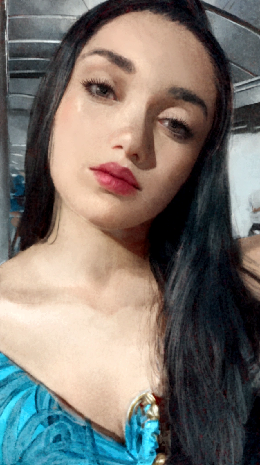 1 , mulher, 18 anos, alto, low water, cabelos pretos, Poderia, cabelo preto liso com franja, castanhos. White dress with blue command of Our Lady of Grace. enfermeira