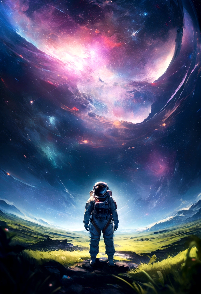an astronaut standing in a lush field, nomanssky style wallpaper, 4K high resolution concept art beautiful masterpiece,abstract dream, space, intricate, large scale, alone, cinematic film still, Insane detail, sharp focus, depth of field , realistic lighting, (realistic perspective), complex, (multiple subjects), 4k HDR,