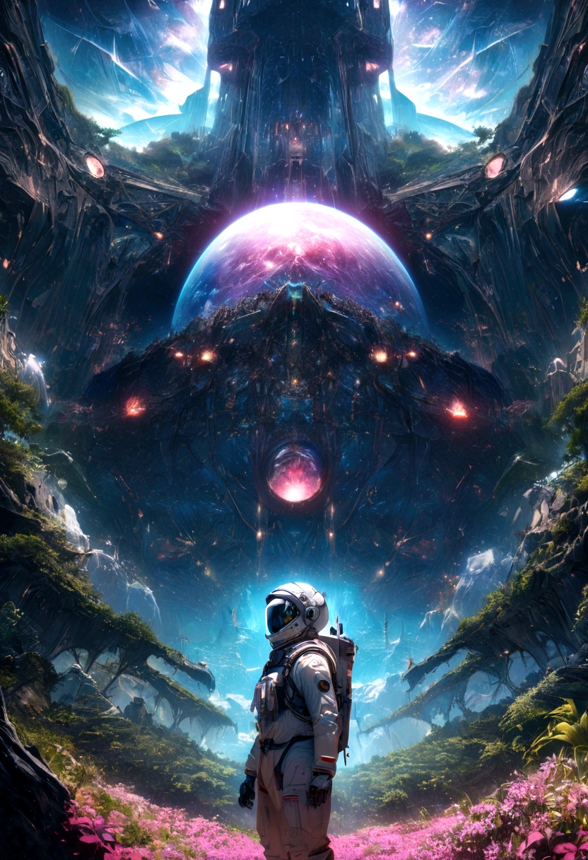an astronaut standing in a lush field, nomanssky style wallpaper, 4K high resolution concept art beautiful masterpiece,abstract dream, space, intricate, large scale, alone, cinematic film still, Insane detail, sharp focus, depth of field , realistic lighting, (realistic perspective), complex, (multiple subjects), 4k HDR,