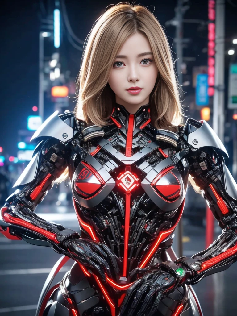 (1 mechanical girl)、Top quality、masterpiece、Ultra-high resolution、(Realism:1.4)、RAW photos、1 girl、blonde、Glowing skin、(((1 mechanical girl)))、（LED light mechanical helmet）、(小LED)、((Ultra-realistic details))、porch、Global Illumination、shadow、Octan Rendering、8K、Super sharp、huge 、Bare skin is exposed in the cleavage、Metal、Intricate decorative details、Japan Details、Extremely complex details、Realistic lighting、CGSoation trends、Red Eyes、radiant eyes、face camera、Neon details、(Mechanical limbs)、(Blood vessels connected to the tubes)、Mechanical vertebrae attached to the back、Mechanical cervical fixator、(Wires and cables to the head)、Gundam、小LED、,Mechanical Thigh、Tustock、