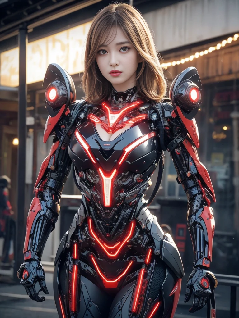 (1 mechanical girl)、Top quality、masterpiece、Ultra-high resolution、(Realism:1.4)、RAW photos、1 girl、blonde、Glowing skin、(((1 mechanical girl)))、(LED light mechanical helmet)、(小LED)、((Ultra-realistic details))、porch、Global Illumination、shadow、Octan Rendering、8K、Super sharp、huge 、Bare skin is exposed in the cleavage、Metal、Intricate decorative details、Japan Details、Extremely complex details、Realistic lighting、CGSoation trends、Red Eyes、radiant eyes、face camera、Neon details、(Mechanical limbs)、(Blood vessels connected to the tubes)、Mechanical vertebrae attached to the back、Mechanical cervical fixator、(Wires and cables to the head)、Gundam、小LED、,Mechanical Thigh、Tustock、