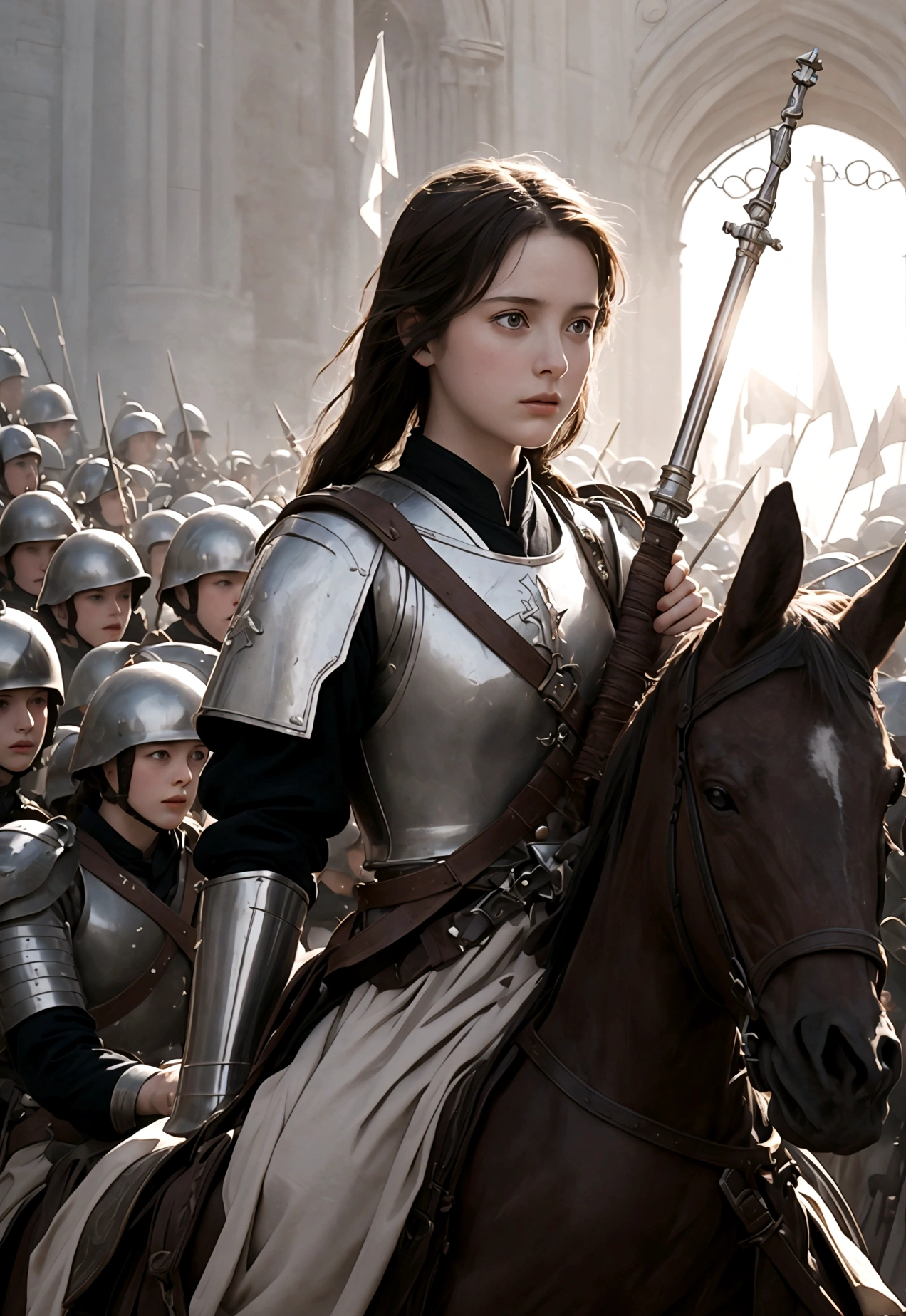 Create an image depicting young Joan of Arc leading the French army. Capture her courage and determination.
