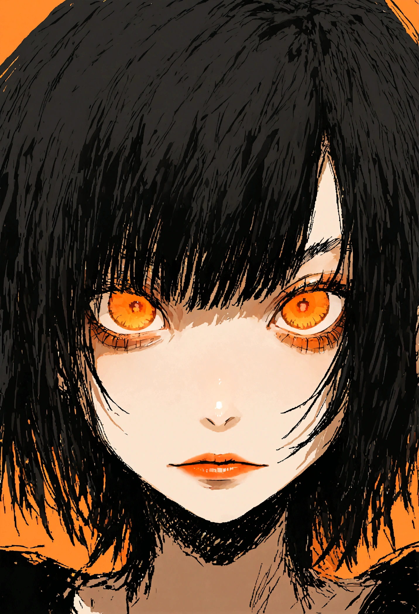 a portrait of a punk female with black hair, orange eyes and an orange backround