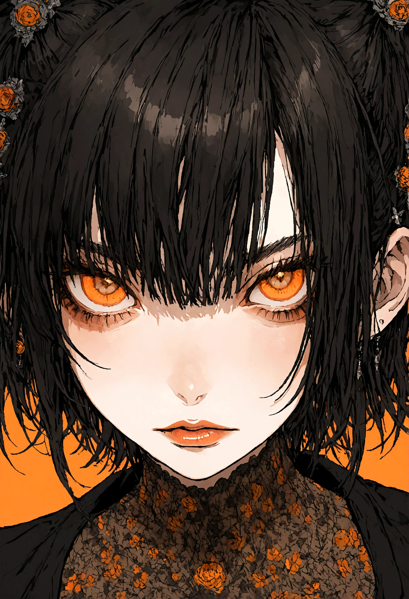 a portrait of a punk female with black hair, orange eyes and an orange backround