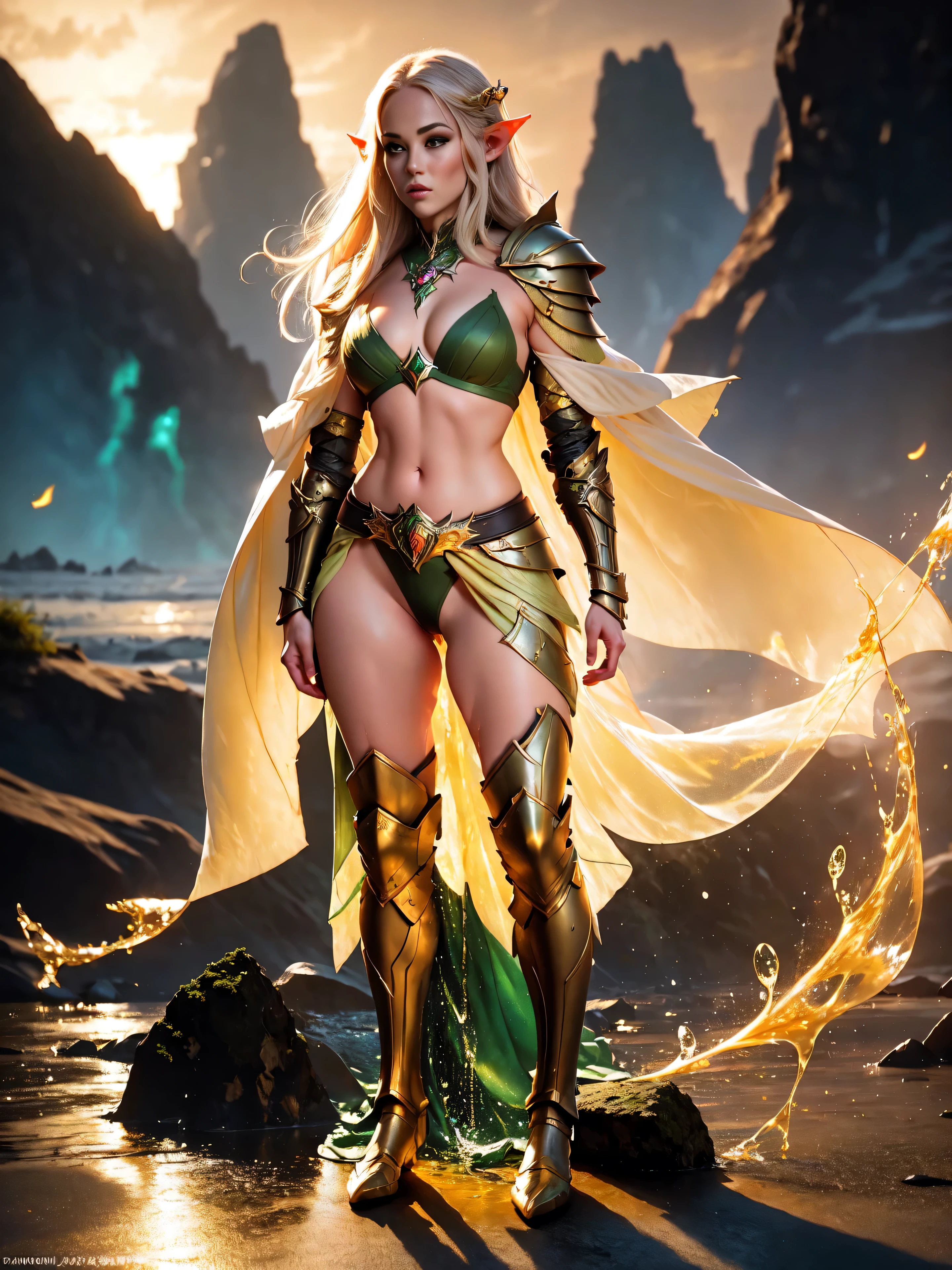 (masterpiece, clean, 8K, high res), pov, from front, full body portrait of a beautiful woman, extremely detailed face, slender body, narrow waist, bright golden hair, small breasts, wearing intricate green and white armor, (chest armor) , elven torso armor, (green mini skirt), belt, cape, tiara, , (legs apart)、(open_front_skirtl) , (white panties:1.3), (standing on a rock: 1.2)、(peeing self:1.5 ), (pee running down legs:1.2 ), wet panties, wet pants, wet. skirt, (pee spray falling between legs:1.3), (pee puddle:0.5 ), (droplets of yellow liquid on thighs and panties:1.3 ), (stream of yellow liquid falling between legs starting at subject crouch:1.3) , (super beautiful)、(beautiful face:1.5), sunset lighting, deep shadows, (mountain forest background) , an elven ranger with no bladder control