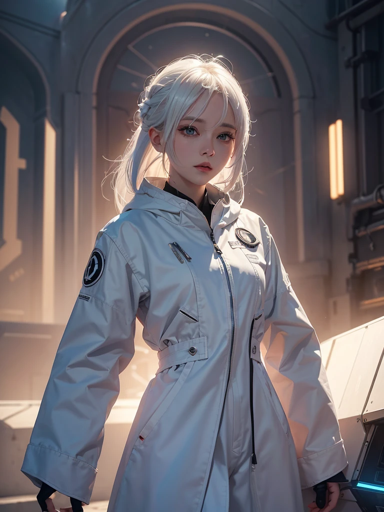 White hair girl suit ai entertainment image, At sunrise, contemporary, Full of hope, panfuturism, Dramatic spotlight, Lots of details, Extremely detailed CG unity 8k wallpaper