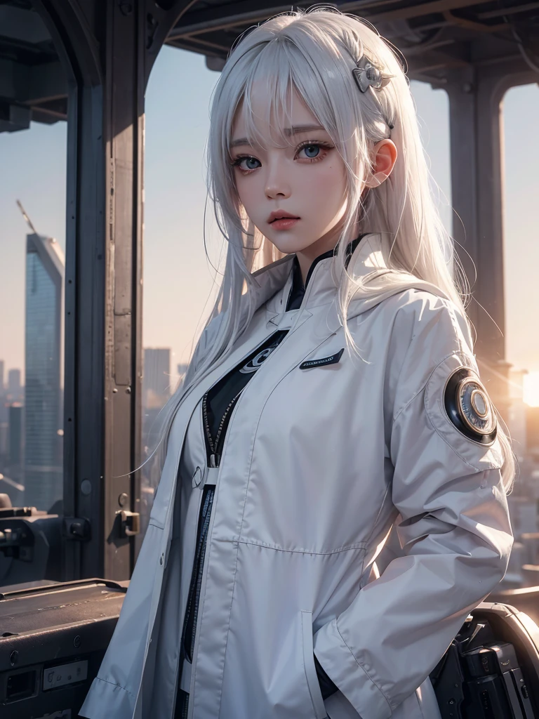 White hair girl suit ai entertainment image, At sunrise, contemporary, Full of hope, panfuturism, Dramatic spotlight, Lots of details, Extremely detailed CG unity 8k wallpaper