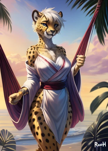 ((((sfw)))), uploaded the e621, beautiful and detailed, Ross Tran, by ruan jia, by zaush, by foxovh, lighting cinematic, seductor, full body view, (anthro, fluffy fur, character focus:1.1), 1girl, body fur, solo, (heart-shaped pupils), sexy, seductive, fall in love girl, nice, cute, naughty face, anime-style, cartoon-style, best quality, High Definition, beautiful face, short hair that matches the fur, Female cheetah, fat, hammock, tropical setting, kimono, silver jewelry