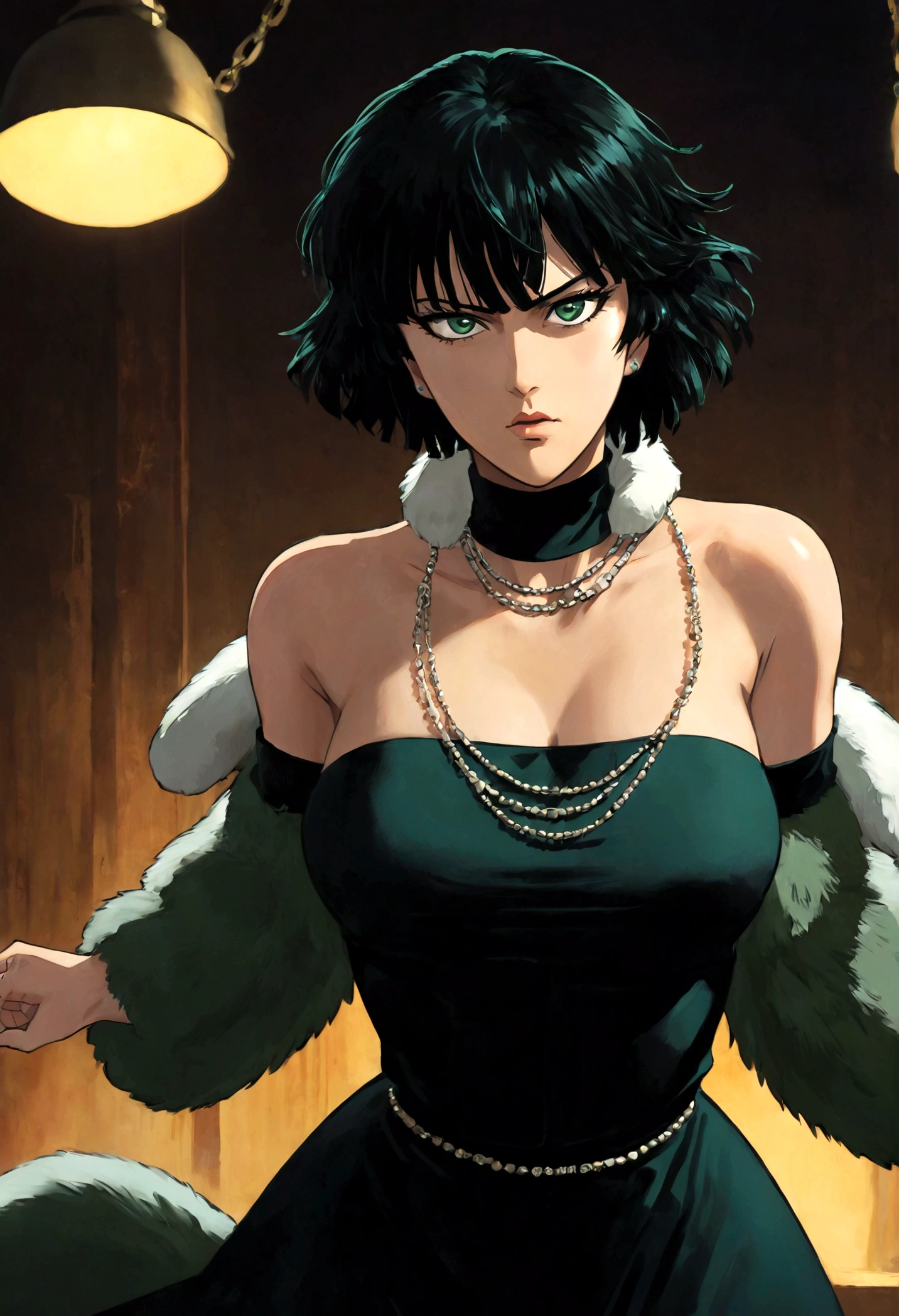 1girl, fubuki, black hair, green eyes, short hair, black dress, fur coat, high collar, jewelry, necklace, off shoulder, taut clothes, taut dress, (Disgusted face), looking at viewer, contempt, shaded, frown, Fubuki_(One-Punch_Man), dramatic composition, cinematic dynamic action scene, vibrant colors, cinematic lighting, dramatic lighting, best quality, masterpiece, very aesthetic, perfect composition, intricate details, ultra-detailed