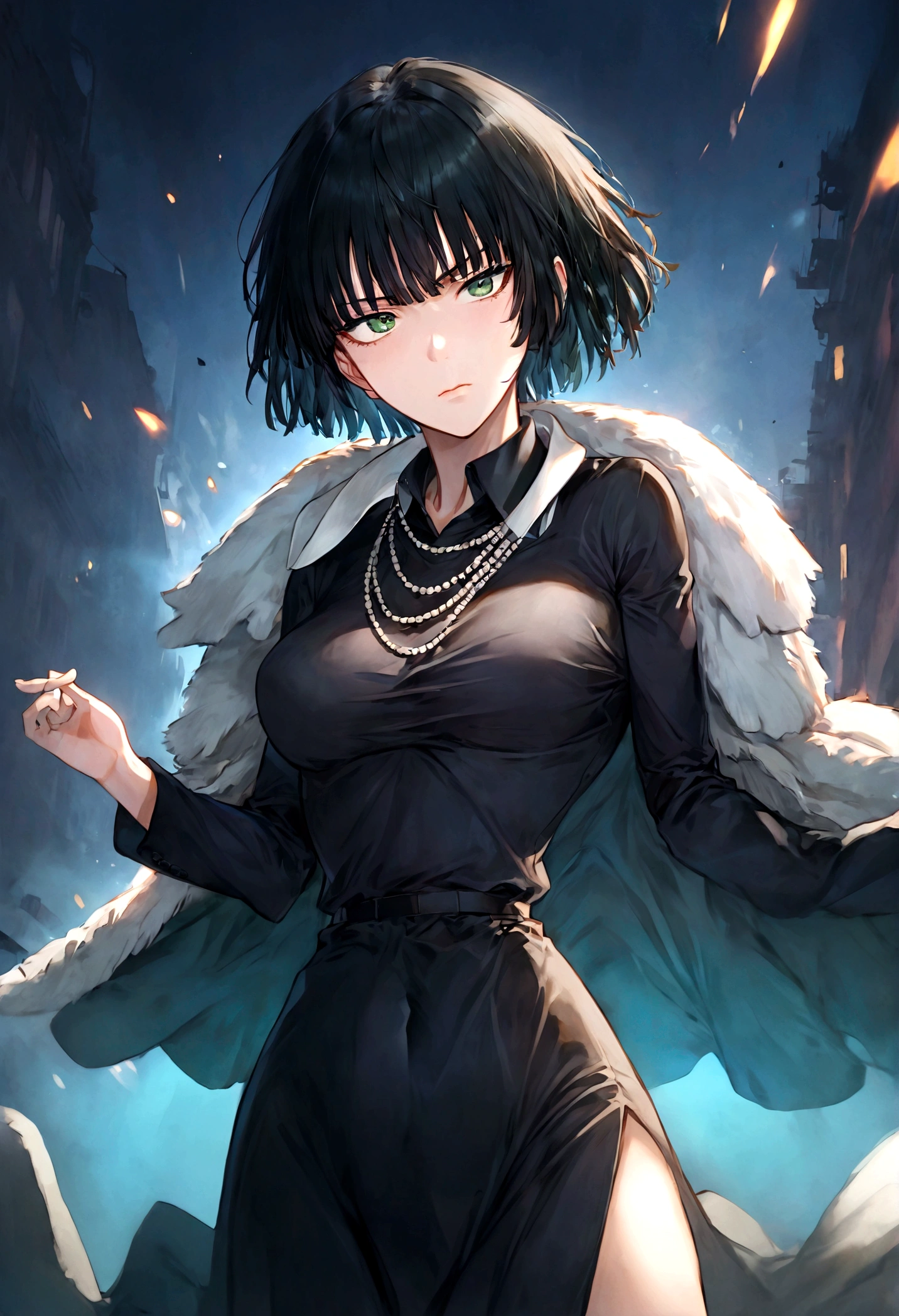 1girl, fubuki, black hair, green eyes, short hair, black dress, fur coat, high collar, jewelry, necklace, off shoulder, taut clothes, taut dress, (Disgusted face), looking at viewer, contempt, shaded, frown, Fubuki_(One-Punch_Man), dramatic composition, cinematic dynamic action scene, vibrant colors, cinematic lighting, dramatic lighting, best quality, masterpiece, very aesthetic, perfect composition, intricate details, ultra-detailed