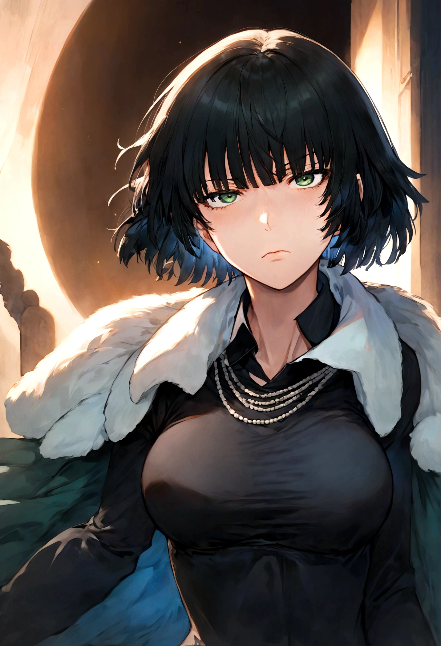 1girl, fubuki, black hair, green eyes, short hair, black dress, fur coat, high collar, jewelry, necklace, off shoulder, taut clothes, taut dress, (Disgusted face), looking at viewer, contempt, shaded, frown, Fubuki_(One-Punch_Man), dramatic composition, cinematic dynamic action scene, vibrant colors, cinematic lighting, dramatic lighting, best quality, masterpiece, very aesthetic, perfect composition, intricate details, ultra-detailed