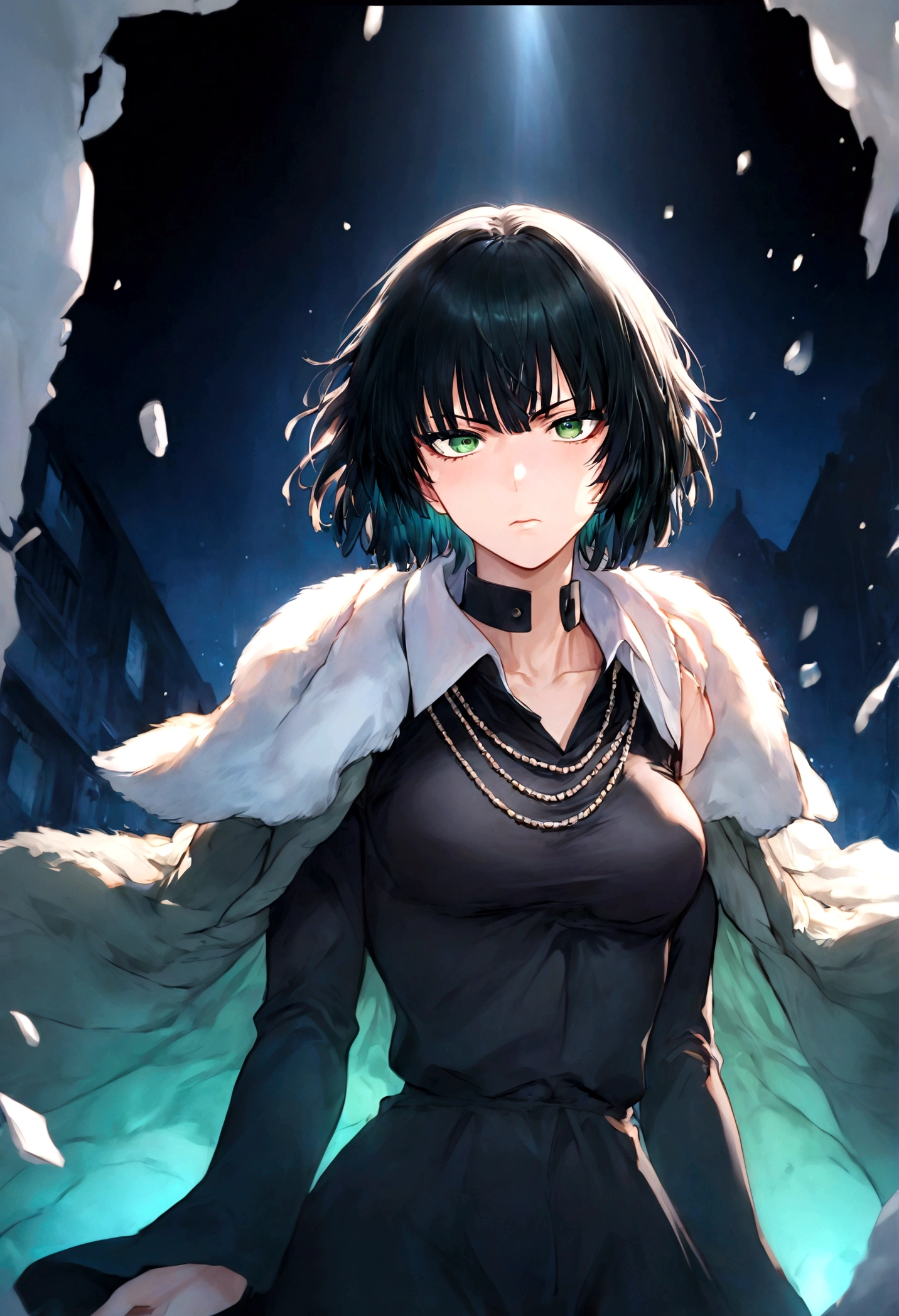 1girl, fubuki, black hair, green eyes, short hair, black dress, fur coat, high collar, jewelry, necklace, off shoulder, taut clothes, taut dress, (Disgusted face), looking at viewer, contempt, shaded, frown, Fubuki_(One-Punch_Man), dramatic composition, cinematic dynamic action scene, vibrant colors, cinematic lighting, dramatic lighting, best quality, masterpiece, very aesthetic, perfect composition, intricate details, ultra-detailed