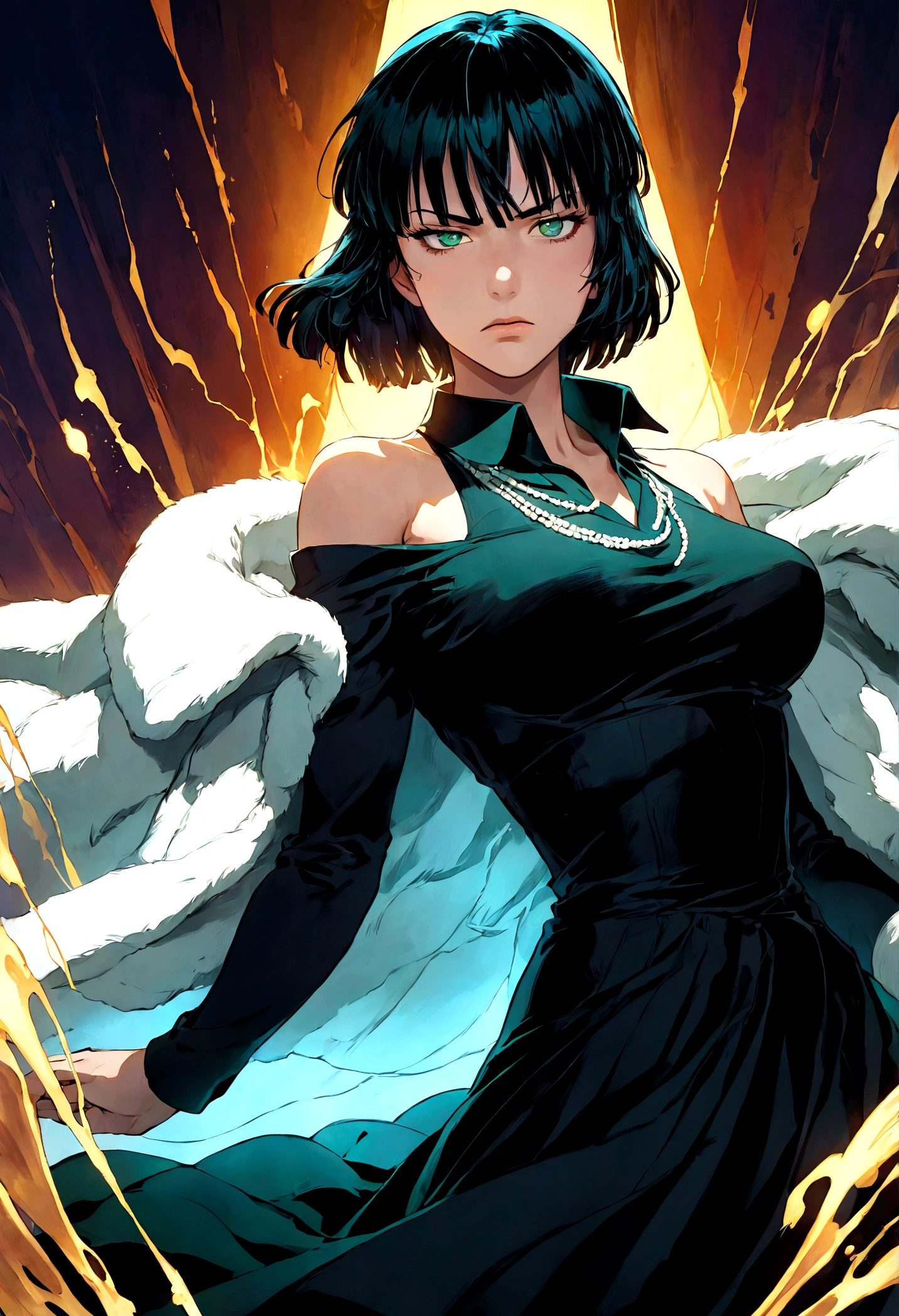 1girl, fubuki, black hair, green eyes, short hair, black dress, fur coat, high collar, jewelry, necklace, off shoulder, taut clothes, taut dress, (Disgusted face), looking at viewer, contempt, shaded, frown, Fubuki_(One-Punch_Man), dramatic composition, cinematic dynamic action scene, vibrant colors, cinematic lighting, dramatic lighting, best quality, masterpiece, very aesthetic, perfect composition, intricate details, ultra-detailed