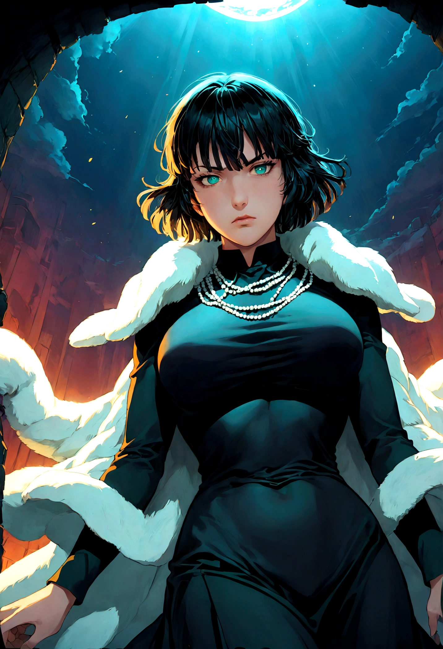 1girl, fubuki, black hair, green eyes, short hair, black dress, fur coat, high collar, jewelry, necklace, off shoulder, taut clothes, taut dress, (Disgusted face), looking at viewer, contempt, shaded, frown, Fubuki_(One-Punch_Man), dramatic composition, cinematic dynamic action scene, vibrant colors, cinematic lighting, dramatic lighting, best quality, masterpiece, very aesthetic, perfect composition, intricate details, ultra-detailed