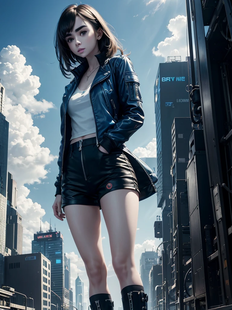 Lily Collins,tall and big，skin，Top shorts，Black shorts，Buttons，zipper，Complex workmanship，icon，company logo，Emit blue light，background，Future Technology，Cyberpunk City，，big gear，wind，Blue sky and white clouds，