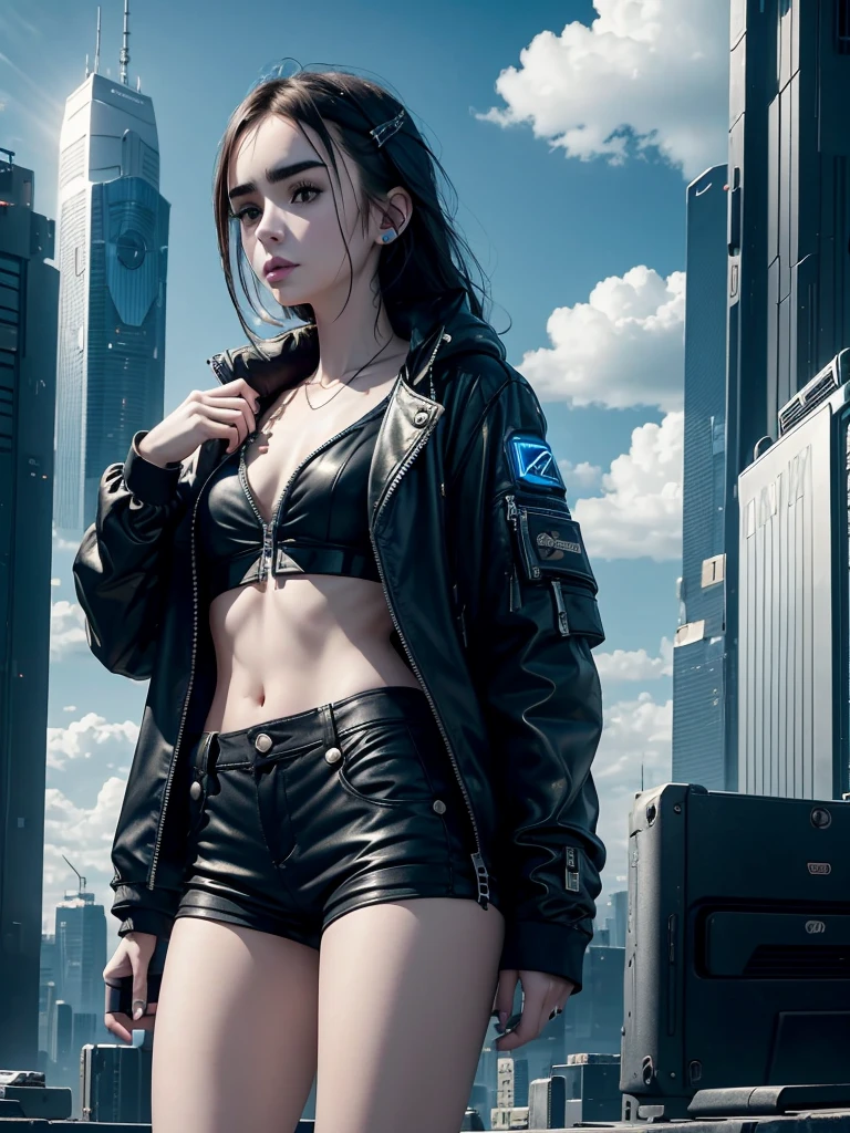 Lily Collins,Tall stature,skin,Top shorts,Black shorts,Buttons,zipper,Complex workmanship,icon,company logo,Emit blue light,background,Future Technology,Cyberpunk City,,big gear,Wind,Blue sky and white clouds,