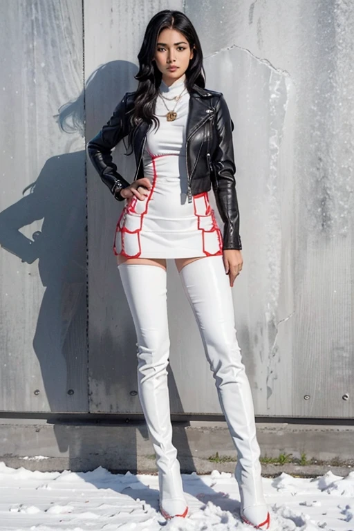 A white woman with tanned skin, adorned with extremely large hips, a narrow waist, and a voluminous behind, was seen dressed in a leather jacket and tall boots while standing before a snowy backdrop.
