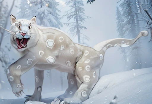 A giant white leopard, (((with 3 long fangs))), snow land, uhd, 12k, photography, Professional photo realistic nikon, masterpiece, ultra realistic, raw photo