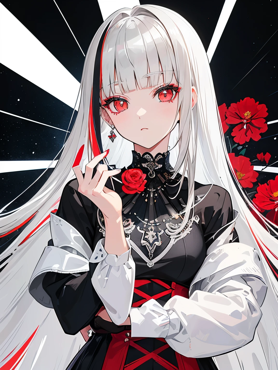 Black Star Red and White Style、(((stylish fashion))), 8K Quality Detailed anime illustration art, , Surreal, avant-garde pop art, Beautiful and expressive paintings, Beautiful artwork illustration, Very colorful tones, wonderful, Cool beauty, highest quality、Official Art, Vector art, Stylish design, (((The most beautiful girl))), (((highest quality))), HDR, ((detailed)), (((Doodle Art)), ((masterpiece)), ((Super detailed)), (((Colorful flowers))),(((Stylish))), (((silver hair))), (((long straight hair cut))), (((straight blunt bangs))), (((silver bangs))), gray silver and white glossy hair, red black and blue coloured stripes of hair, multicolored diamonds and lace diamond ornaments, expensive stylish minimalism outfit, expressionism outfit, light red eyes
Perfect photo of top model
Girl is famous top mode
Stylish Adverb photoset with top stylish model from fashion magazines over
