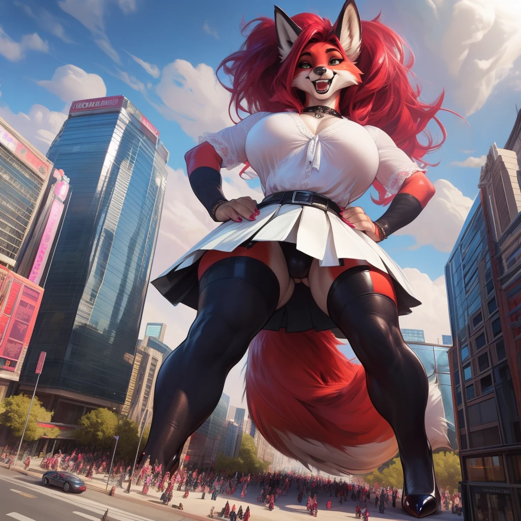 (by darkgem, by boosterpang, by BNG), solo focus, 1femle, female, fox, girly,, long hair, red hair, (hyper hips:1.2), (pussy bulge), bulgej8, detailed crotch, pussy outline, laughing, masterpiece, best quality, photorealistic, hyperrealistic, ultra detailed, detailed eyes, accurate eyes, looking at viewer, detailed background, photo background, digital drawing (artwork), girly, bedroom eyes, breeding request, giant, (giant:1.9), (macro:1.6), cityscape, tiny crowds, walking toward viewer, dressed like a girl, (feminine white blouse), pleated skirt, upskirt, (black pumps:1.5), standing upright, commanding pose, hands on hips, huge breasts