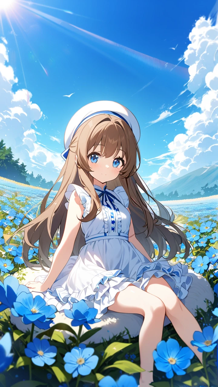 1 girl, white frill dress, blue flower field, sunlight, blue sky, summer, white beret, brown hair, blue eyes, princess long hair, short height, she sits barefoot on flowers,