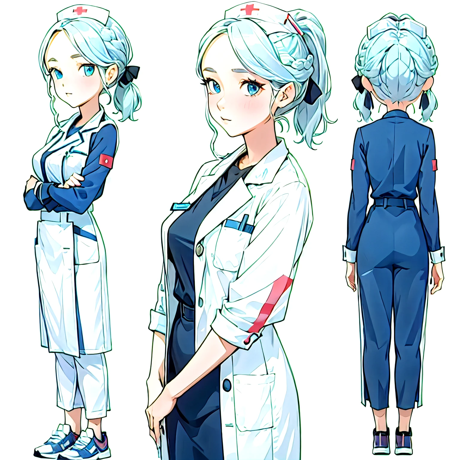 A girl,Three View,Black ponytail,Blue eyes,Wearing nurse uniform。