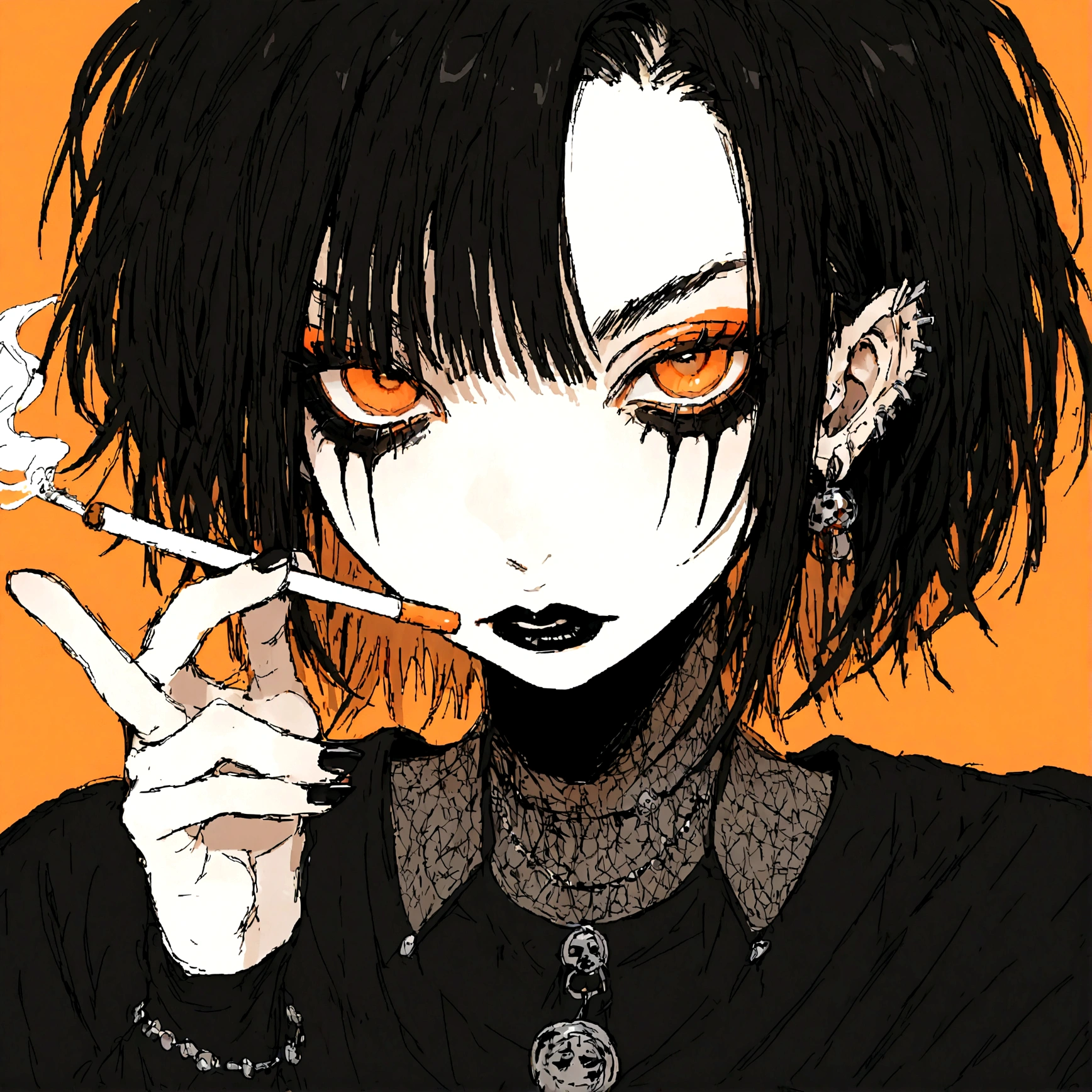 a portrait of a punk female with black hair, orange eyes and an orange backround, smoking cigarette, wearing punk goth attire, wearing goth makeup