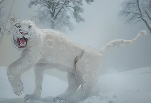 A giant white leopard, (((with 3 long fangs))), snow land, uhd, 12k, photography, Professional photo realistic nikon, masterpiece, ultra realistic, raw photo