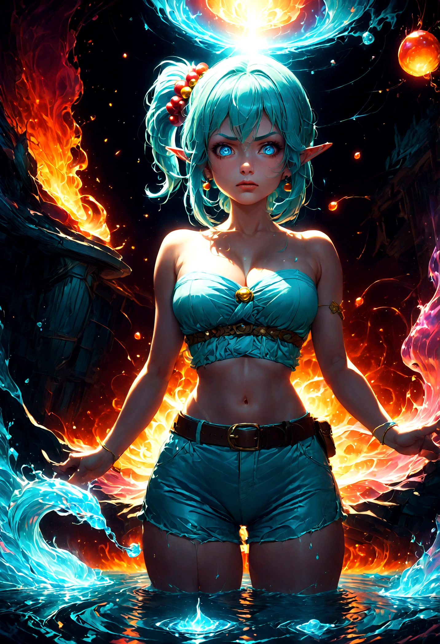 1girl, bulma, blue eyes, blue hair, bare shoulders, belt, cleavage, hair bobbles, hair ornament, hair over shoulder, midriff, navel, one side up, red tube top, shorts, side ponytail, strapless, tube top, (Disgusted face), looking at viewer, contempt, shaded, frown, dramatic composition, cinematic dynamic action scene, vibrant colors, cinematic lighting, dramatic lighting, best quality, masterpiece, very aesthetic, perfect composition, intricate details, ultra-detailed